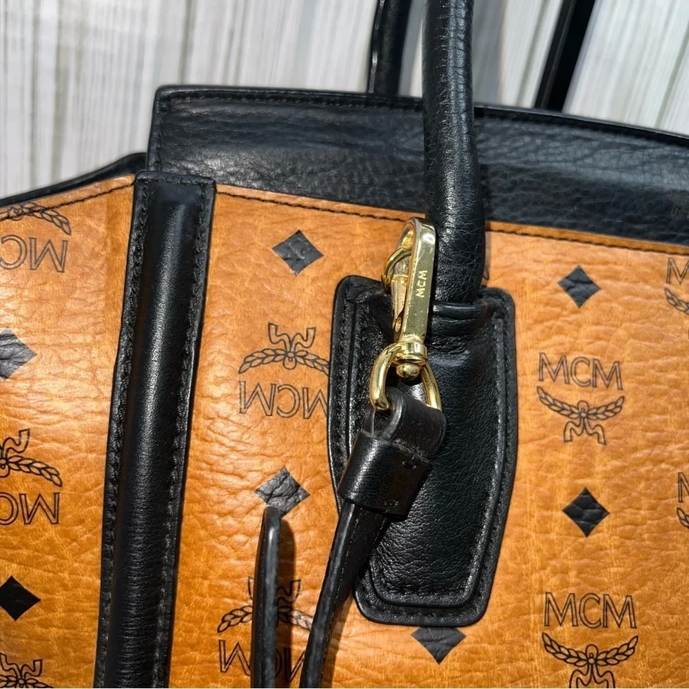 MCM Vintage Cognac Visetos Tote Bag Black Leather Trim Satchel Handbag